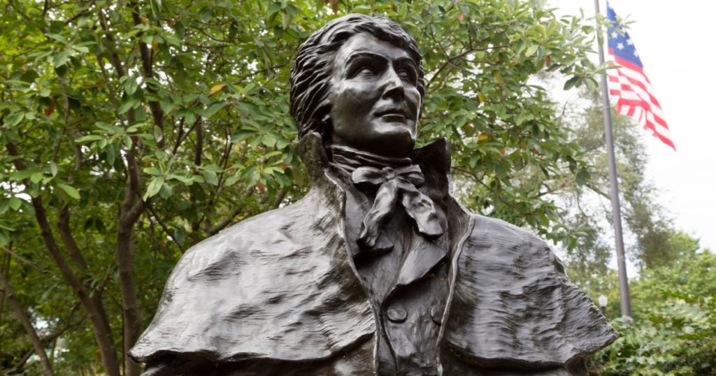 Washington DC / USA - Oct 05 2019: Bust of Francis Scott Key (1779 - 1843) at the park named after him in Georgetown, Washington DC, USA. He wrote the lyrics of The Star-Spangled Banner.