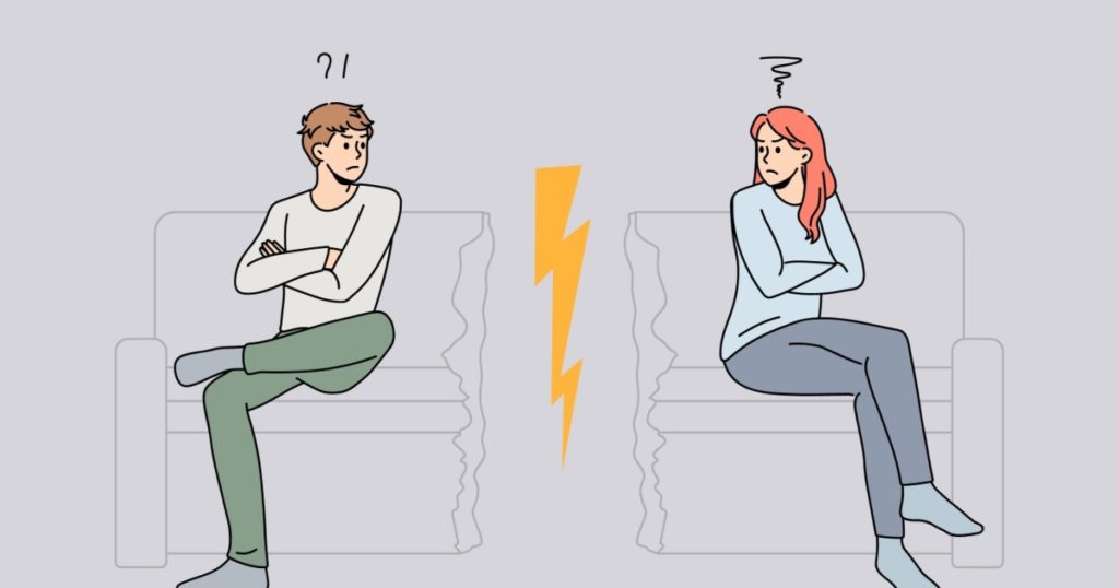 Unhappy stubborn couple sit separate on cut couch have family fight or quarrel. Angry mad man and woman lovers avoid ignore talking. Cheating and breakup, divorce concept. Vector illustration.