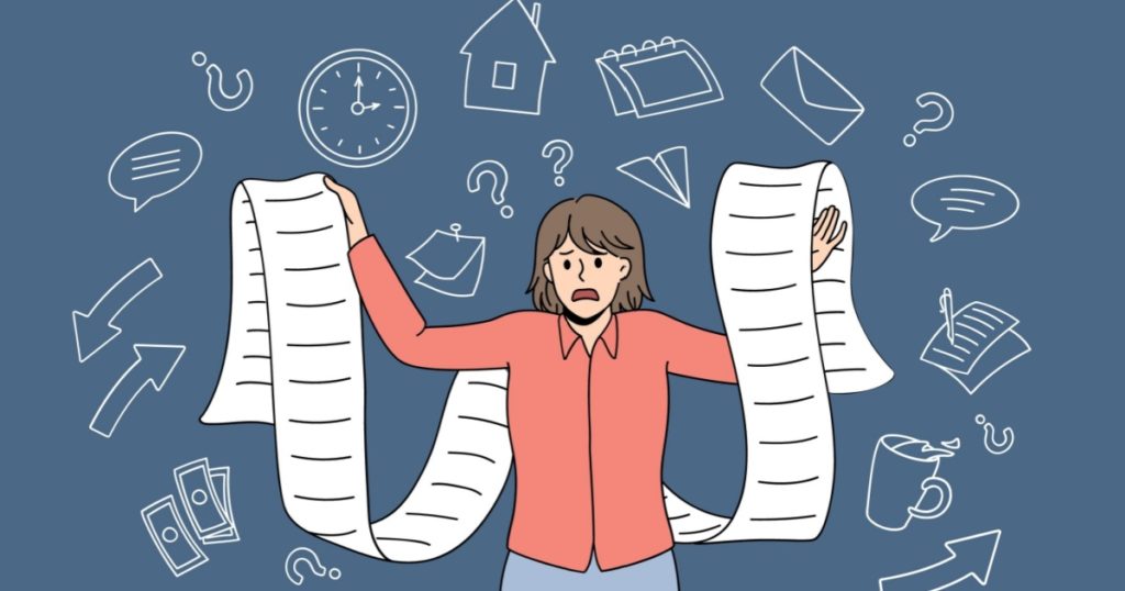 Anxious stressed young woman hold long paper list distressed with deadline. Worried girl frustrated confused with bill or plan schedule. Time management problem. Stress. Vector illustration.