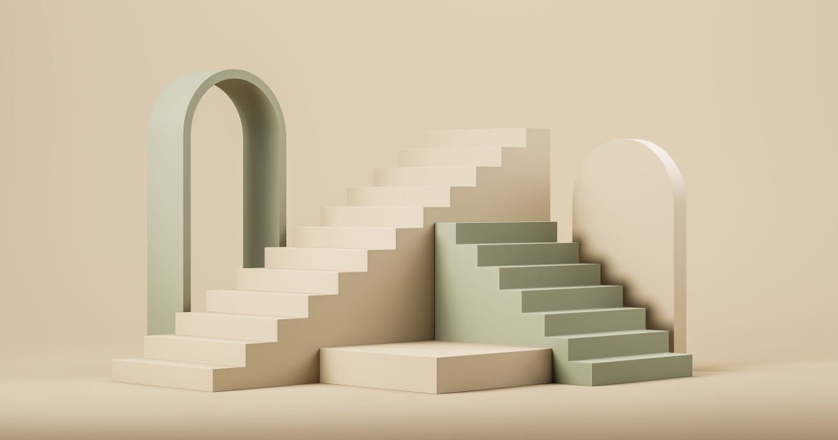 Stairs and podium with geometric shapes on beige background, green arch and stage for product display and promotion. Mockup copy space, 3D rendering
