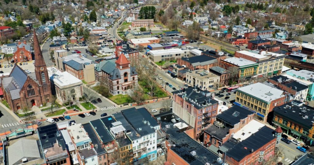An aerial of Northampton, Massachusetts, United States on a fine morning
