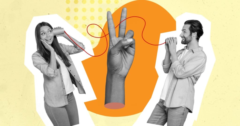 Composite collage picture image of two excited crazy people black white effect speak play cup game huge hand demonstrate v-sign