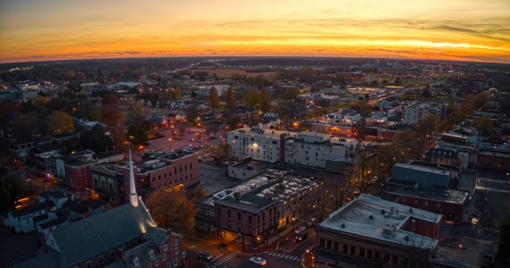 Aerial View of Dover, Delaware during Autumn at Dusk