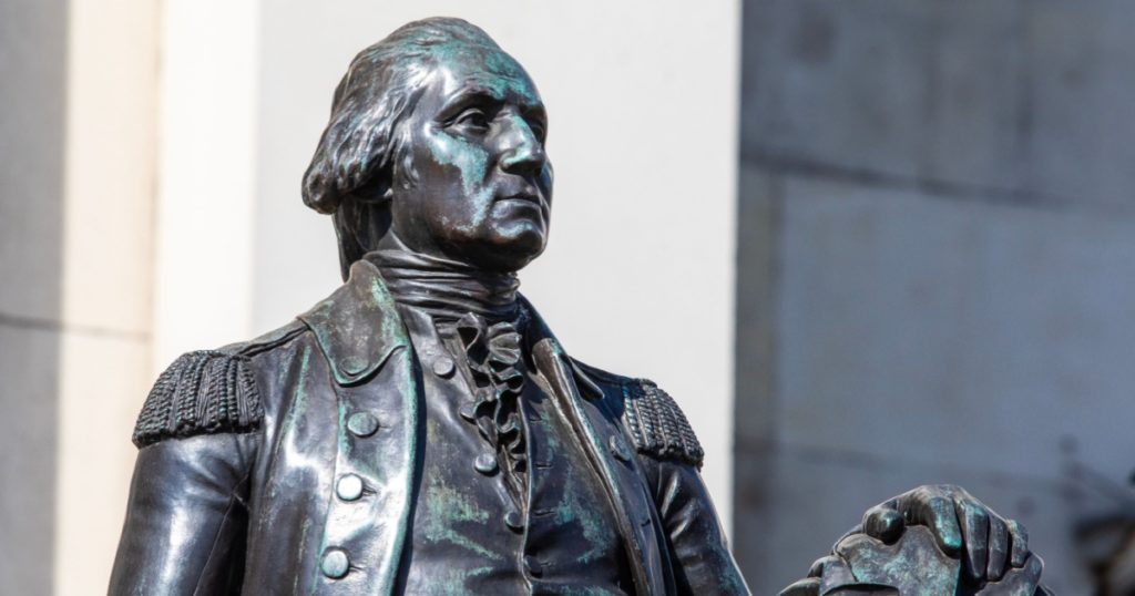London, UK - April 20th 2023: A statue of first American President George Washington, located outside the National Gallery in London, UK.