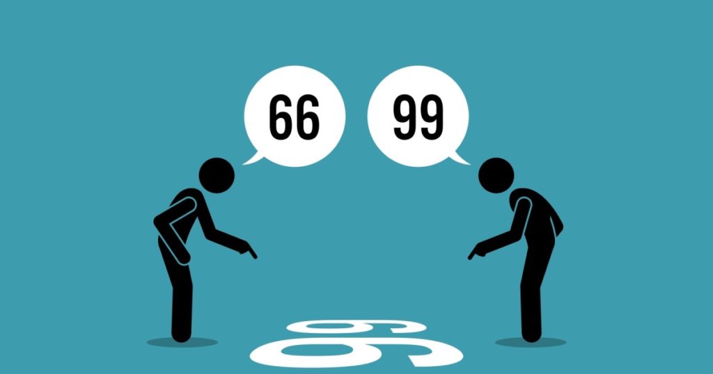 Two person arguing the number on the floor weather it is 66 or 99. Vector illustration depict concept of point of view, viewpoint, different perception perspective, silly argument