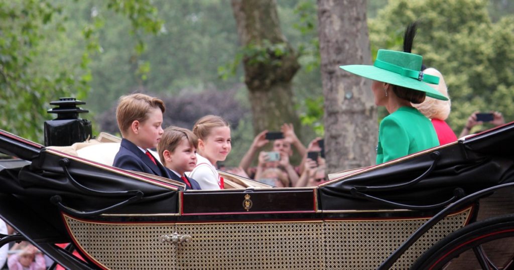 London UK - 17 June 2023: Queen Camilla, Kate Princess of Wales, Prince George, Prince Louis princess Charlotte Trooping the colour Royal Family carriage on Mall Buckingham Palace
