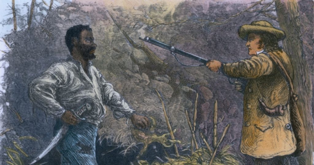 Discovery of Nat Turner ( 1800- 1831) by Benjamin Phipps on October 30, 1831, Engraving by William Henry Shelton (1840-1890) with modern color.