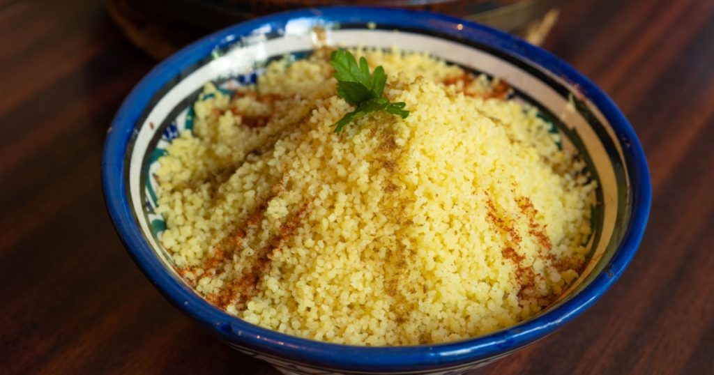 Moroccan Couscous Bowl, Traditional Cuscus, Moroccan Bulgur, Healthy Arabic Food, Moroccan Couscous in Restaurant Ceramic Bowl