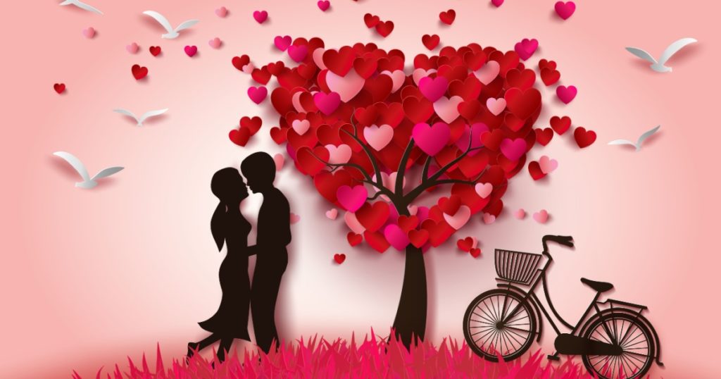 Concept of valentine day , two enamored under a love tree in the spring season,paper art and craft style.