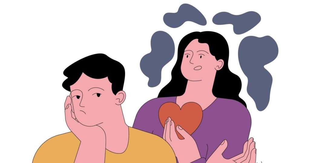 The fear of being taken for granted. An anxious and concerned woman holds out her heart as a metaphor for her feelings. A disinterested, indifferent man holds out his hand. Flat vector illustration