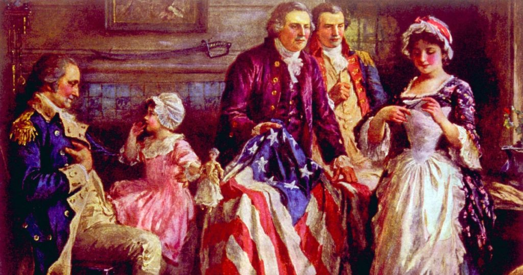 General George Washington, Major George Ross, Robert Morris, Betsy Ross with the first American flag, approved by Congress on June 14, 1777