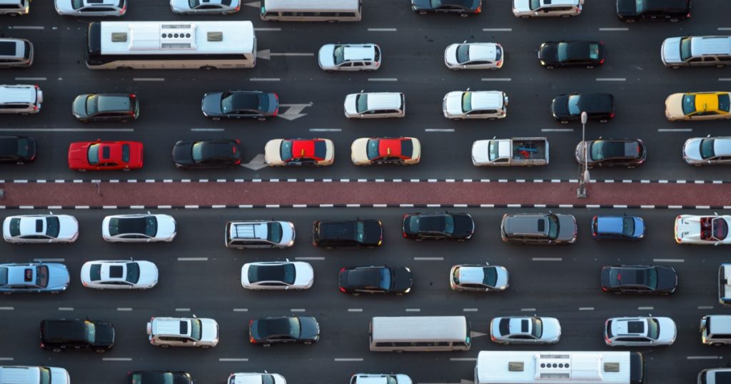 Top view of numerous cars in a traffic jam in Dubai, United Arab Emirates