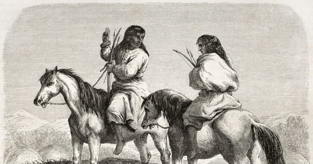 Old illustration of Comanche indians horseback. Created by Duveaux after report made under the direction of the U.S. secretary of the war. Published on Le Tour du Monde, Paris, 1860
