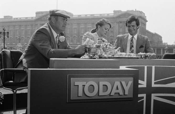The US' Today show hosts Willard Scott, Jane Pauley, and Tom Brokaw enjoying some tea before the ceremony.
