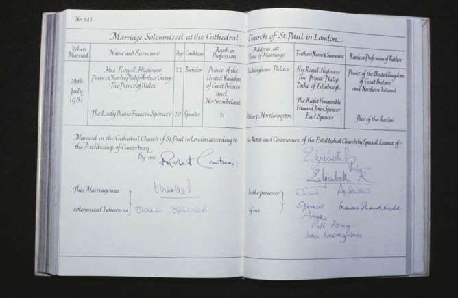 The official marriage register legalizing Princess Diana and Prince Charles' matrimony.
