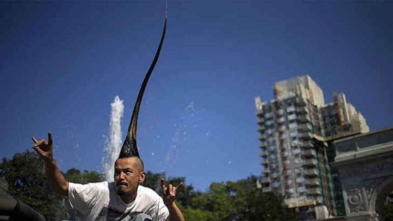 Kazuhiro Watanabe with the world's tallest mohawk