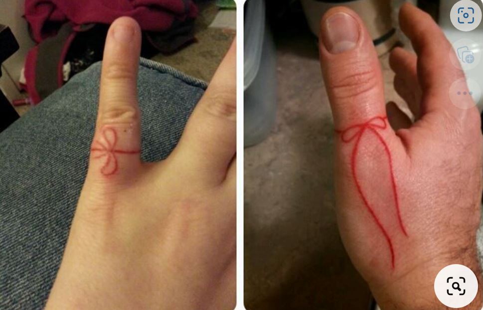 Two pictures side by side of hands with red string couple's tattoos. 