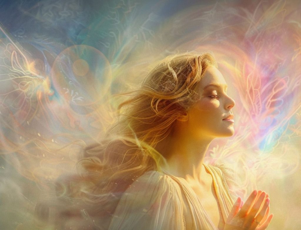 AI generated woman praying/meditating. Surrounded by pastel colors and patterns.