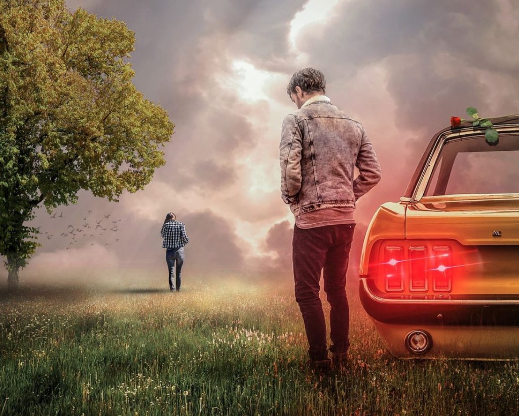 Man standing by a car, staring at a woman walking away. Grass, a tree, birds, and clouds in the background. 
