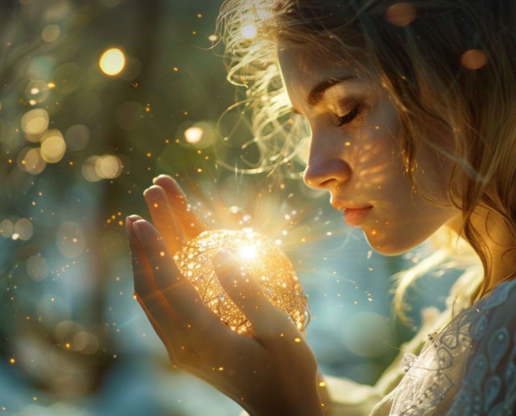 AI photo of a woman looking into an ethereal ball of light.