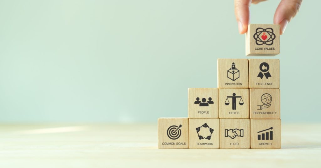 Core values,corporate values concept. Company culture and strategy related to business and customer relationship, growth. Principles guide company's action. Stack wooden cubes with core values icons.