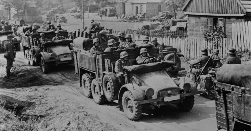 German soldiers invade Poland in armored and motorized divisions in Sept. 1939. It was the beginning of World War 2. in Europe.
