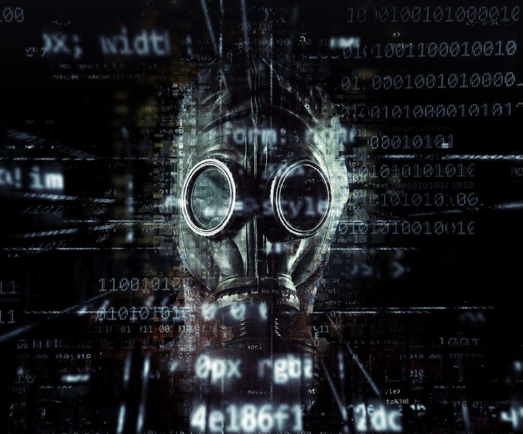 Gas mask surrounded by various text and a black background. 
