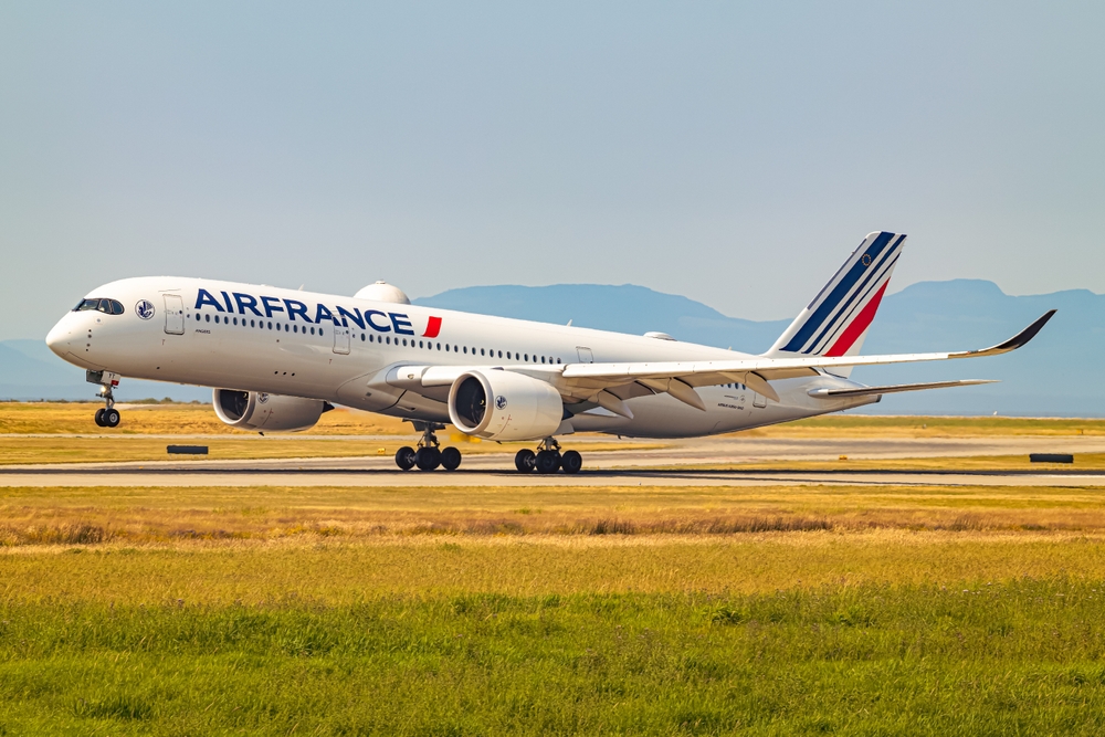Vancouver, Canada - June 26, 2023: Air France A350-900 touching down at Vancouver International Airport.
