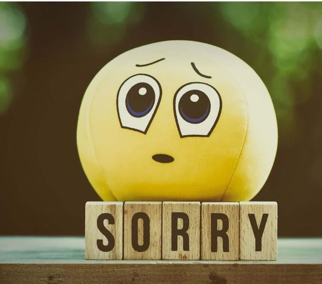 Ball with a sad face, placed upon the word sorry on wooden blocks.