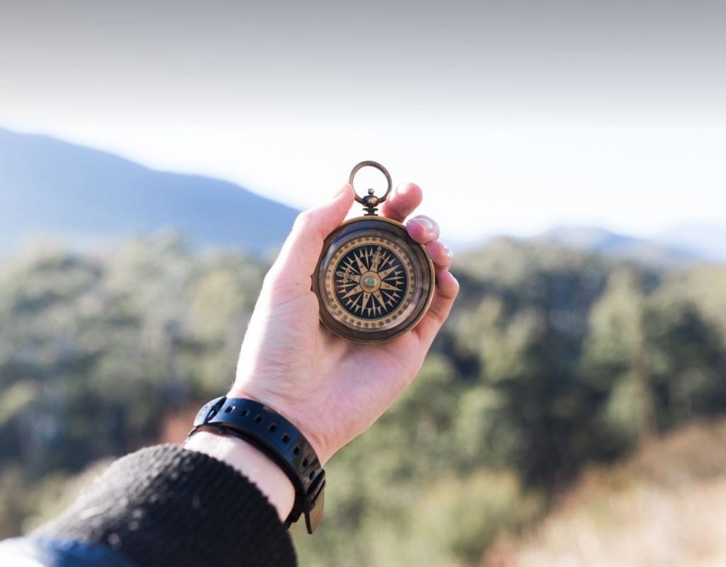 Hand holding compass, blurred greenery in the background. 