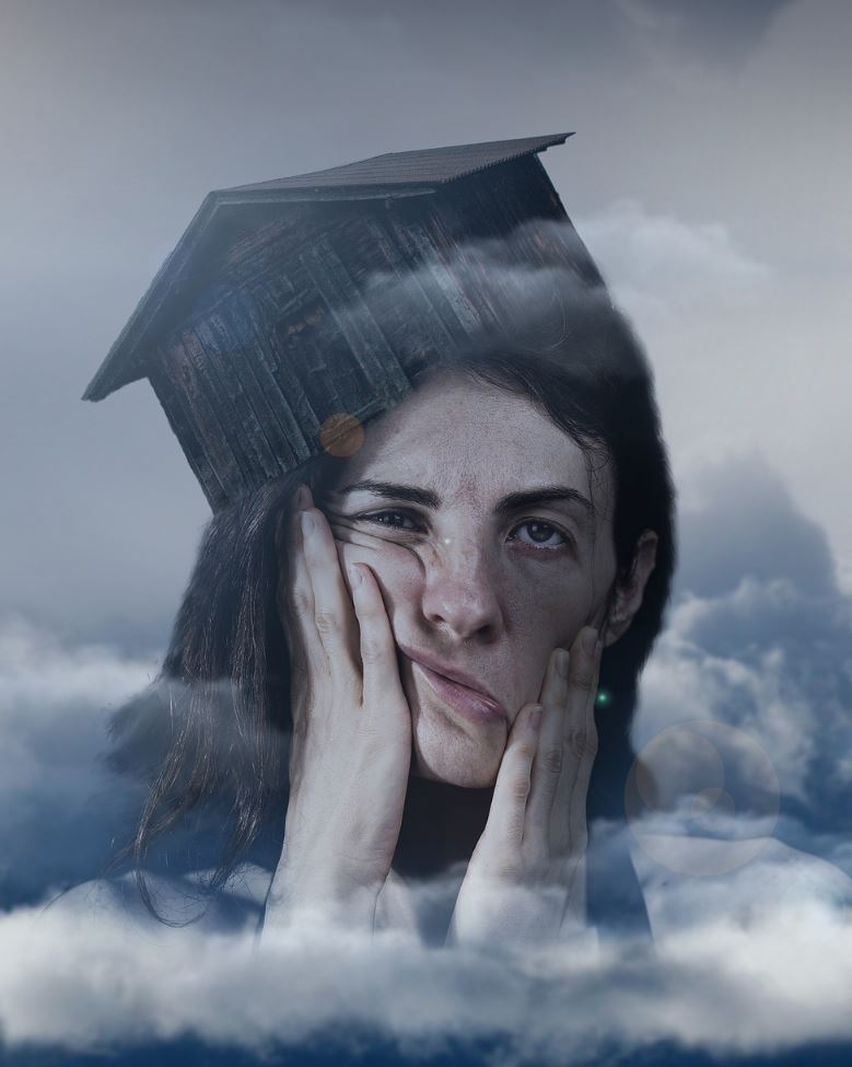 Woman's head in the clouds with distorted thoughts. 