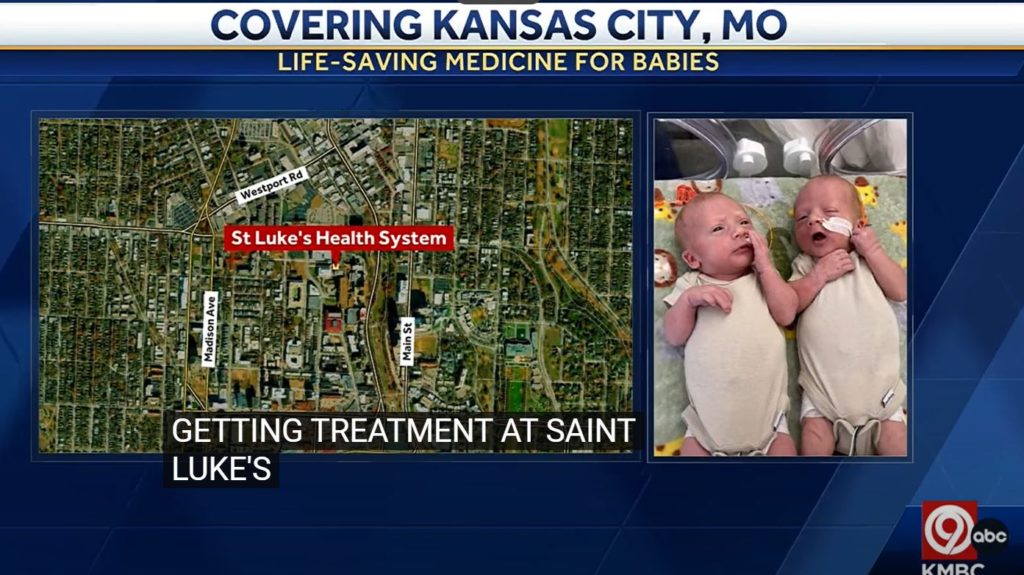 Aerial view of a hospital block side by side with a pictures of twin newborns.