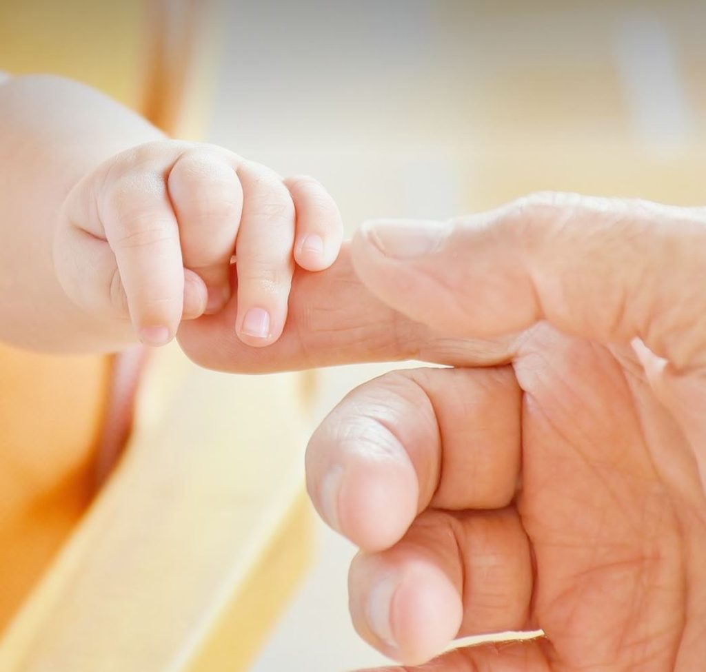 Baby hand holding adult finger. 
