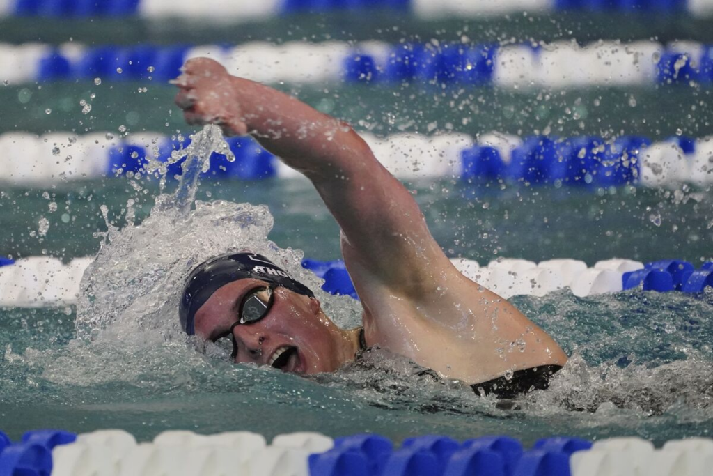 University of Pennsylvania transgender athlete Lia Thomas competes in the 500-yard freestyle finals at the NCAA Swimming and Diving Championships, Thursday, March 17, 2022, at Georgia Tech in Atlanta. 
