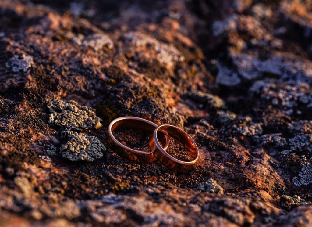 Two wedding bands on a large stone. 