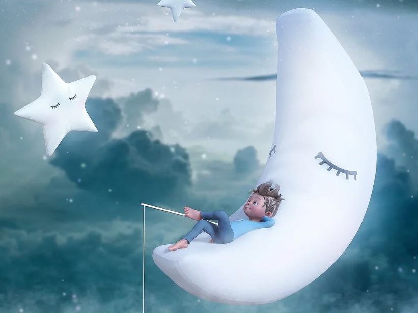 Animation of a boy sitting on the moon fishing over water. Stars and clouds in the background.