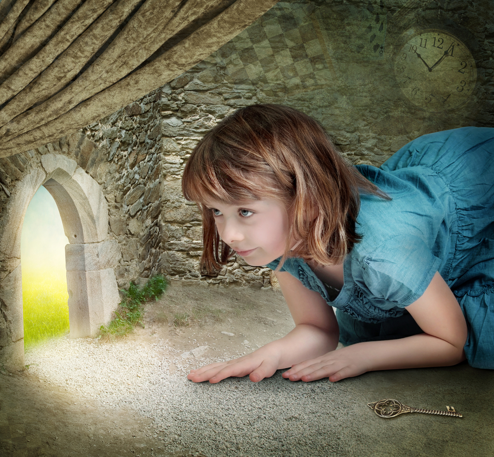 Alice finding tiny door behind curtain 