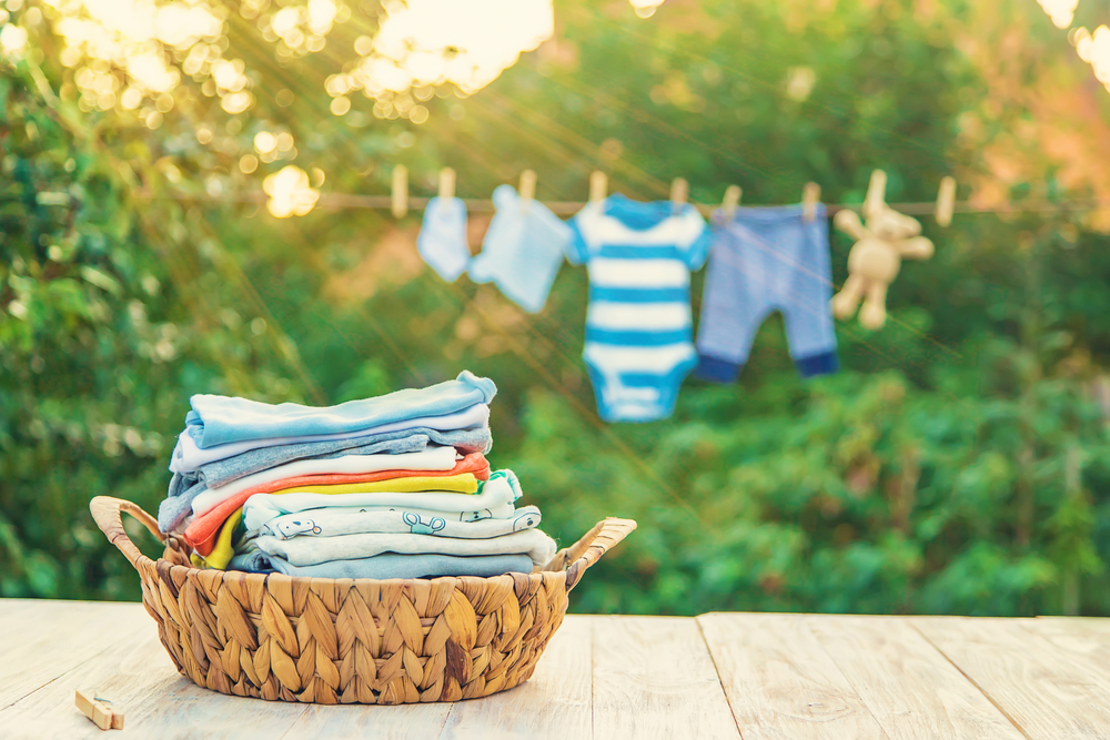 washing baby clothes. Linen dries in the fresh air. Selective focus. nature.
