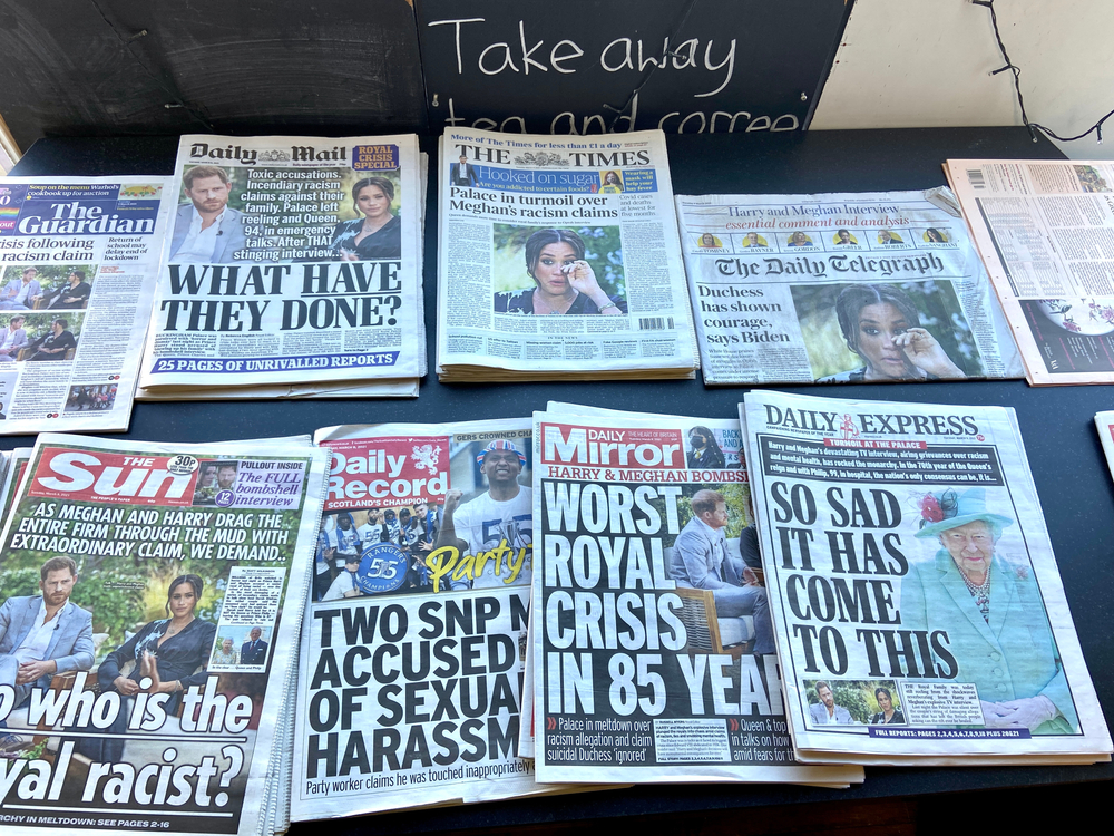 Meghan Markle, London, UK- 3.9.2021: UK tabloid press newspapers front pages after the Meghan Markle and Prince Harry Oprah interview, every Tabloid newspaper front page carrying interview revelations