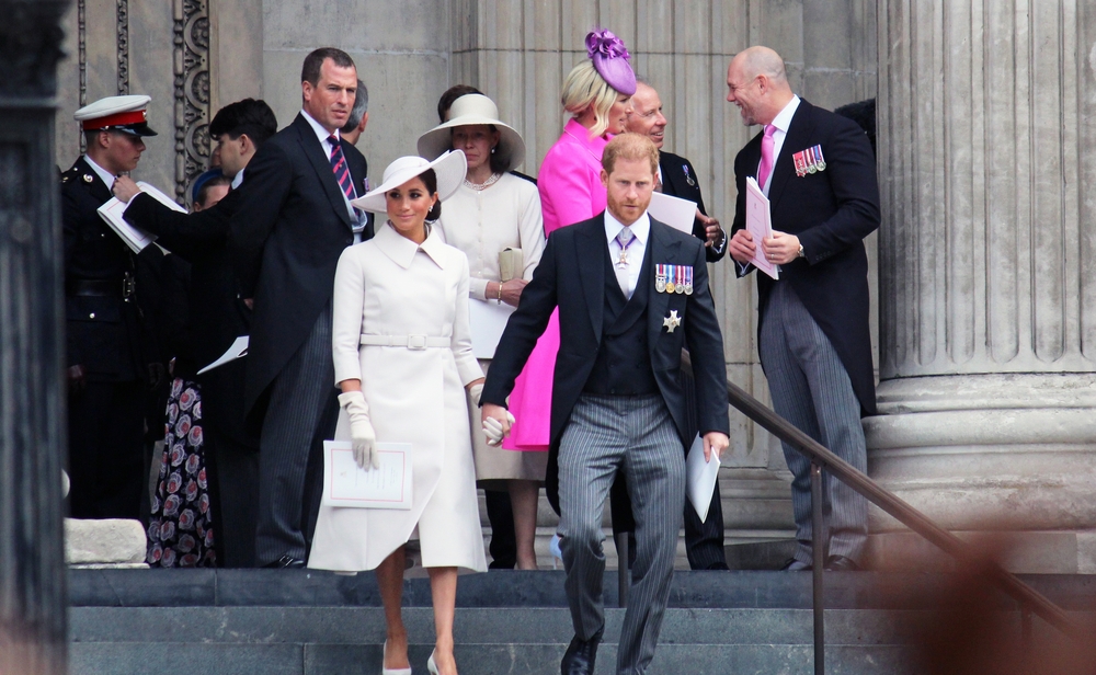 London, UK - 06.03.2022: Meghan Markle Prince Harry attend Platinum Jubilee thanks giving service at St Pauls Cathedral, Meghan wearing white coat dress, London UK