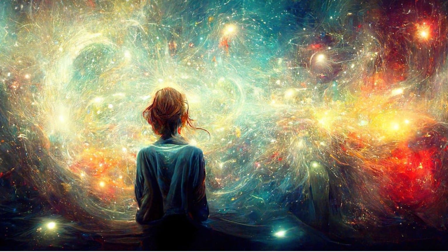 A woman's back as she's looking off into the distance. Ethereal/Space background.