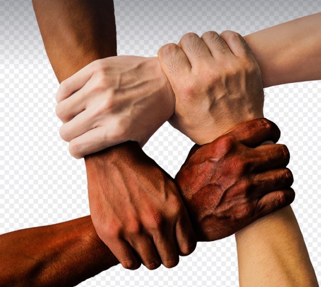 Four hands holding each other by the wrist. Checkered background.