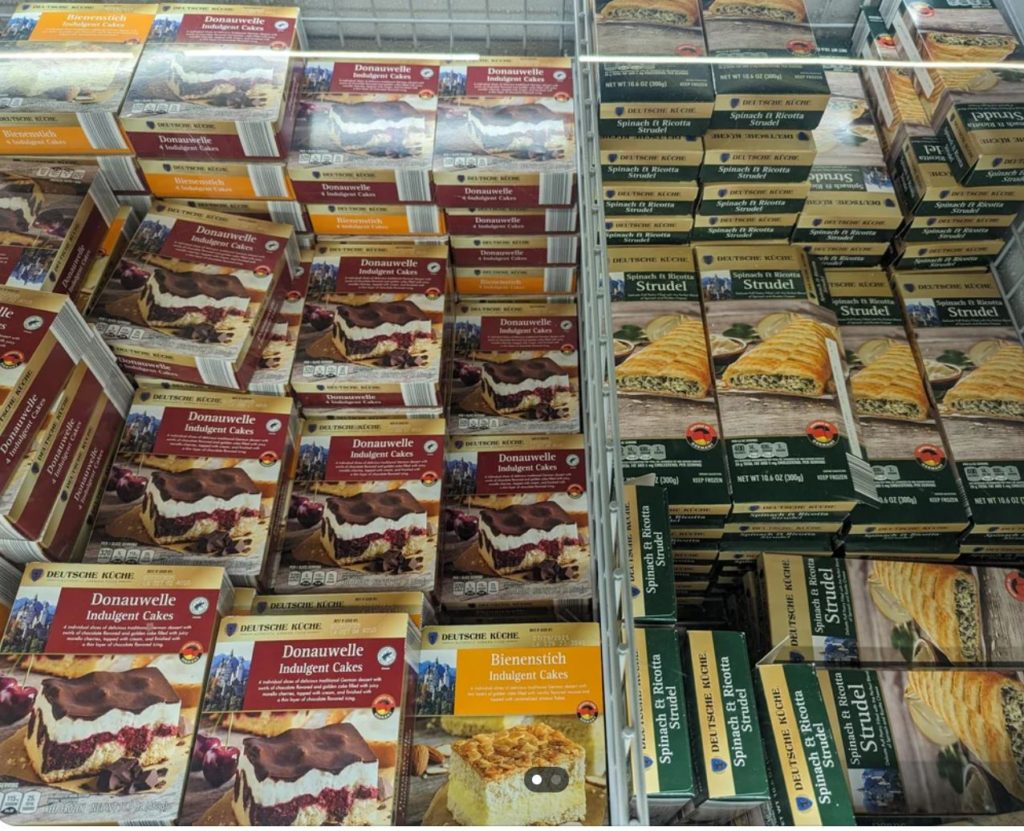 Boxes of frozen strudel and cakes. 