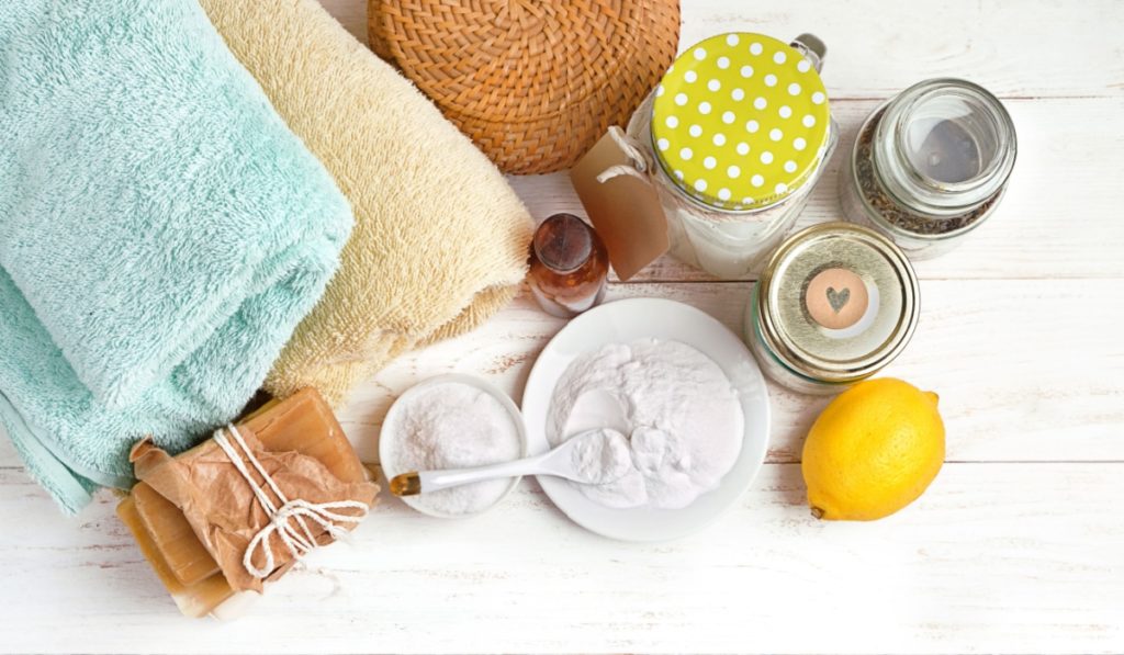 Eco friendly products for home cleaning. DIY ingredients - essential oil, lemon, soap, baking and washing soda, vinegar. Natural domestic cleaning. simple recipes homemade. zero waste detergent