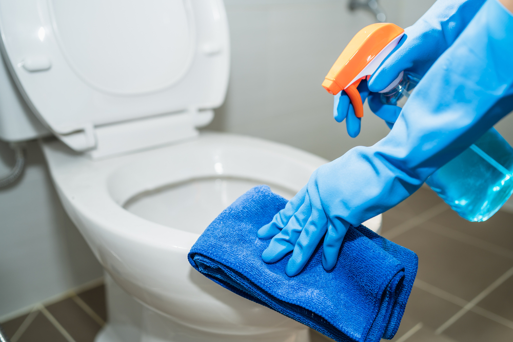 close up hands women wearing protect glove blue using liquid cleaning solution cleaning flush toilet, disinfection and hygiene concept