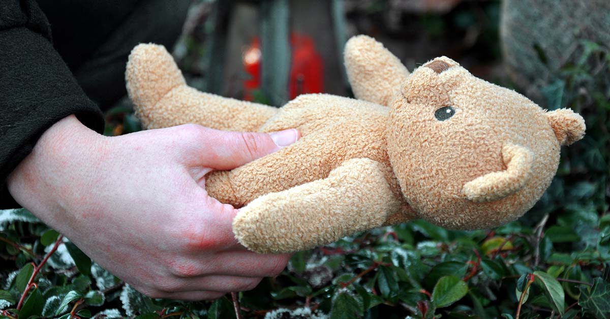 hands holding a stuffed bear for children