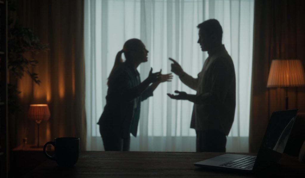 A man and a woman are arguing in the living room near the window. A silhouette of a couple arguing over the fact that the man spends too much time on the laptop.