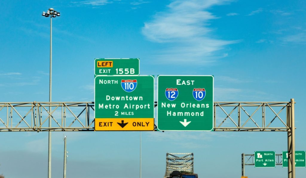 sign at highway interstate downtown metro airport to 110 north and direction New Orleans to highway 10 and 12 in Baton Rouge, Louisiana