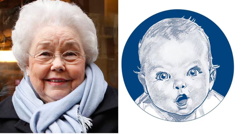 A portrait of the original Gerber baby next to the sketch of her as a baby.