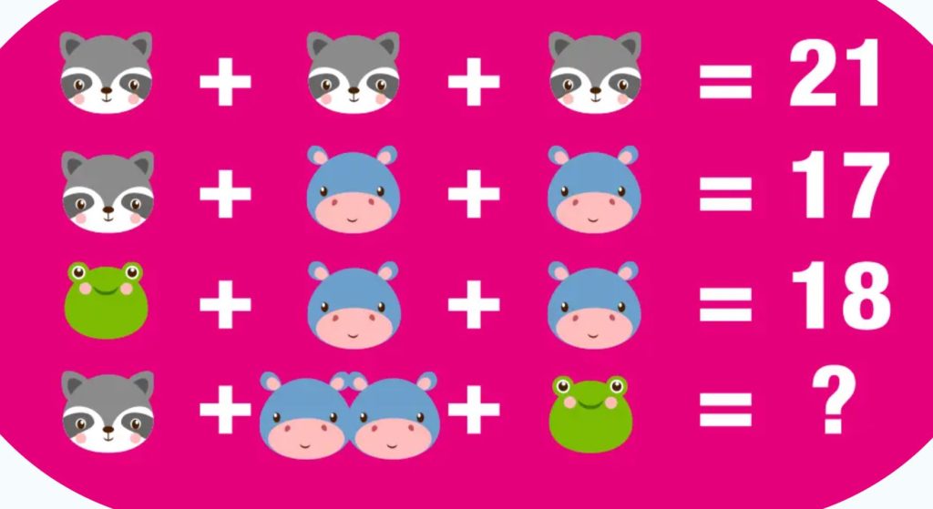 A math problem using cute cartoon animals. Pink background.